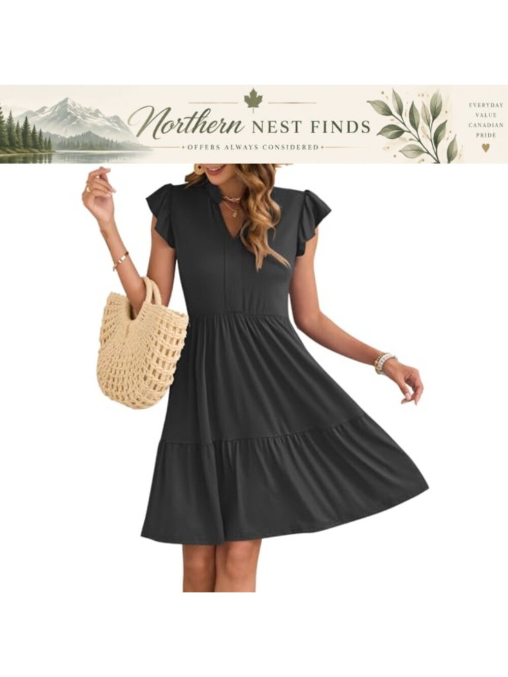 AUSELILY Women's V-Neck Ruffle Sleeve A-Line Midi Sundress with Pockets